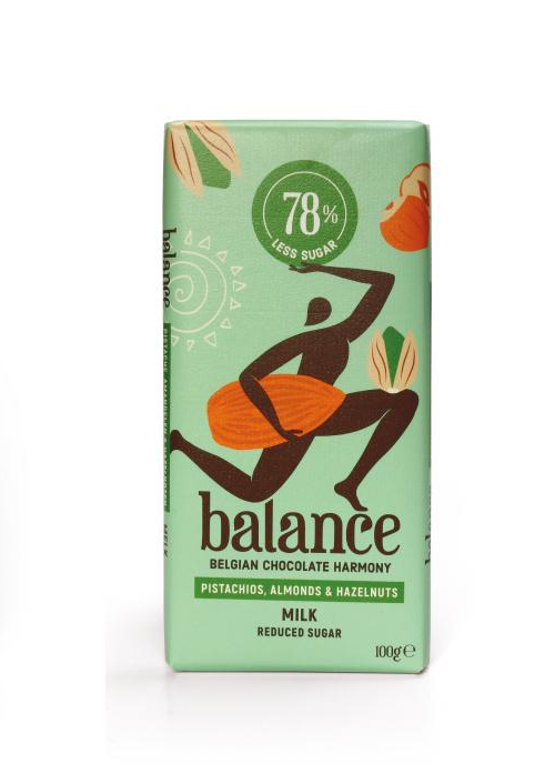 Шоколад молочный с орехами: фисташки,миндаль и фундук без сахара Balance 100 гр.