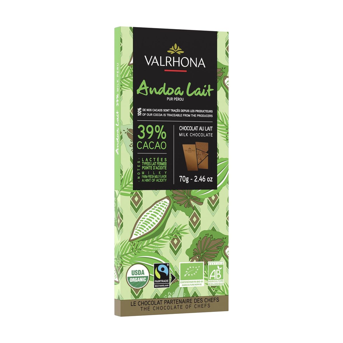 Шоколад Valrhona молочный Андоа органик кувертюр 39% 70г